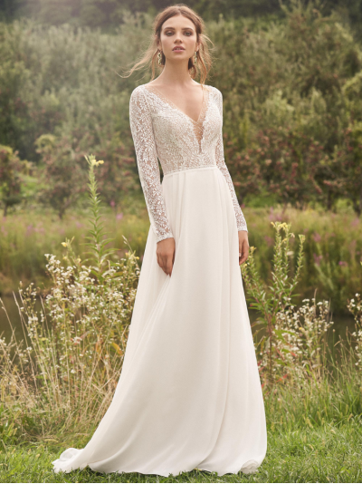 Robe romantique fluide dentelle à paillettes, manches longues Justin Alexander