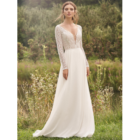 Robe romantique fluide dentelle à paillettes, manches longues Justin Alexander