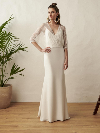 Robe longue de mariée fourreau en crêpe,  Modèle Marylise by Rembo Styling.